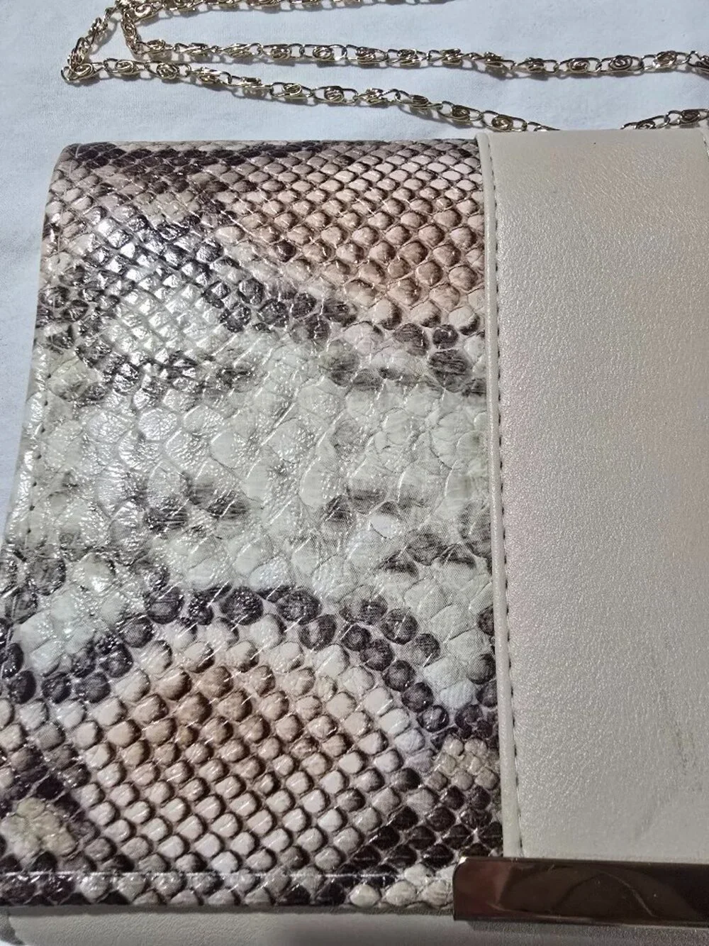 Faux Snakeskin & Beige Clutch Crossbody Evening Bag with Gold Chain Strap